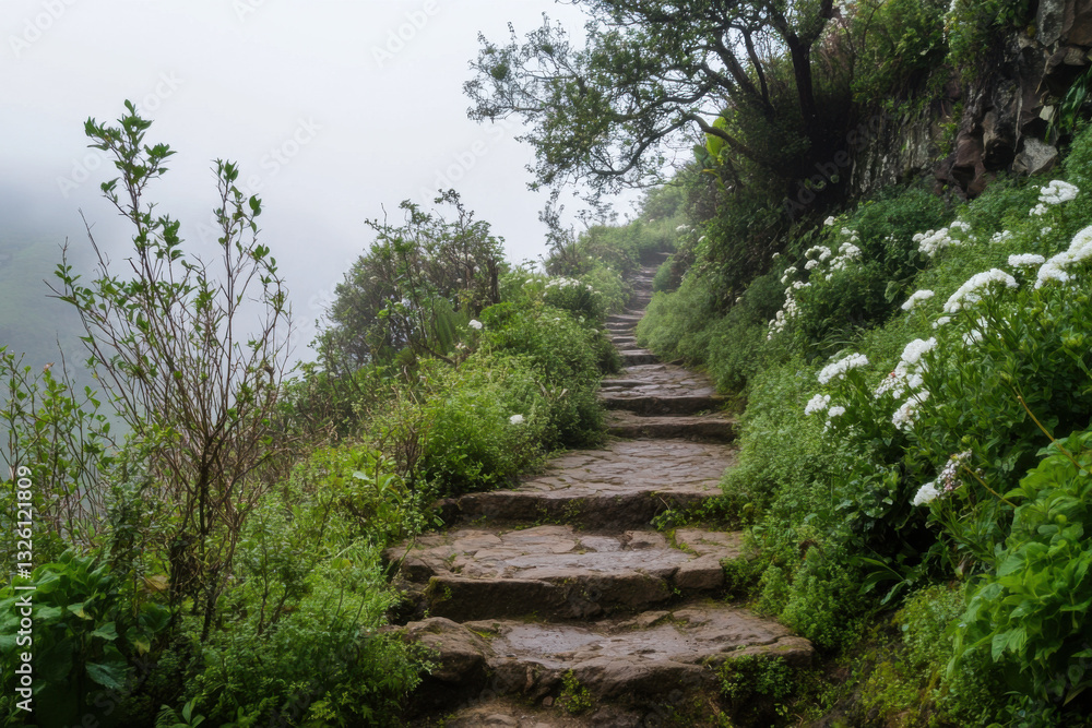 Obraz premium Stone stairs leading up a misty mountain path with lush vegetation and white flowers