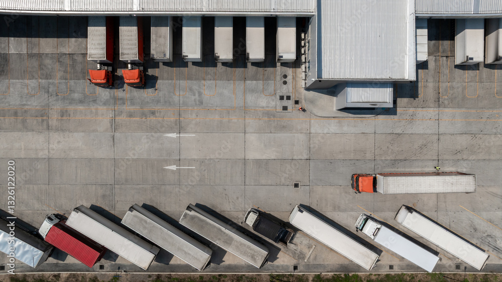 Top view semi truck cargo trailer at logistic park warehouse goods, Distribution warehouse shipping supply chain, Business transportation logistic freight shipping cargo by semi truck cargo trailer.