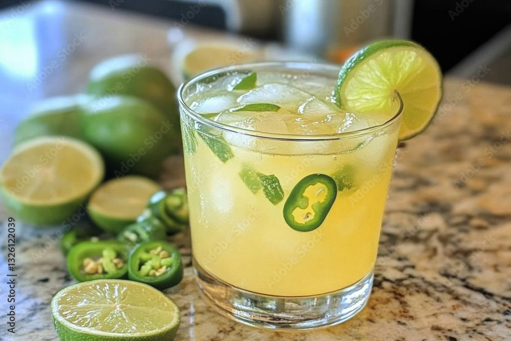 Refreshing spicy margarita cocktail with lime and jalapeño on granite countertop Refreshing spicy margarita cocktail with lime and jalapeño on granite countertop