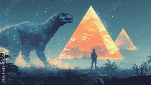 The artwork depicts a stylized illustration of a large, bluish-grey dinosaur standing in a grassy field at twilight.  Two luminous, orange-hued triangular pyramids are positioned centrally in the