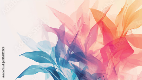 The image is an abstract representation of floral elements.  It features stylized, translucent leaves and petals rendered in a gradient of pastel colors, predominantly blues, pinks, oranges, and