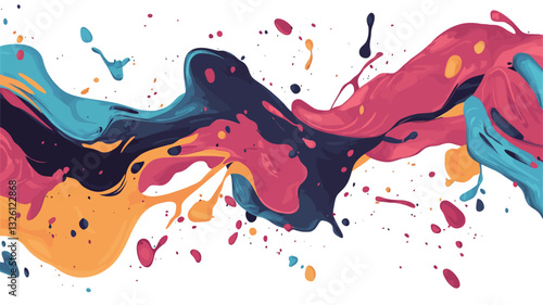 The image depicts a dynamic composition of colorful paint splashes and streaks against a white background.  The paint appears fluid and in motion, with various shades of pink, teal, orange, and