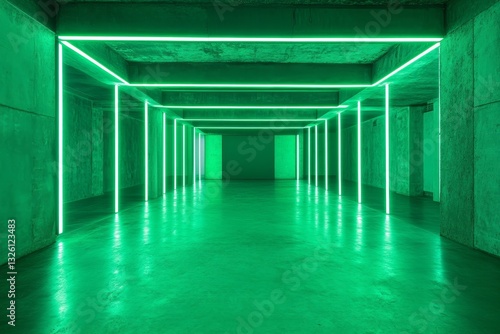 Neon Green Tunnel of Abstract Architectural Design with Reflective Floor