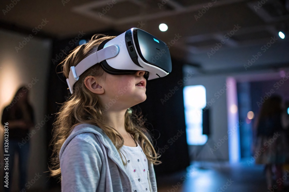 Child experiences virtual reality in an interactive space with immersive technology Child experiences virtual reality in an interactive space with immersive technology