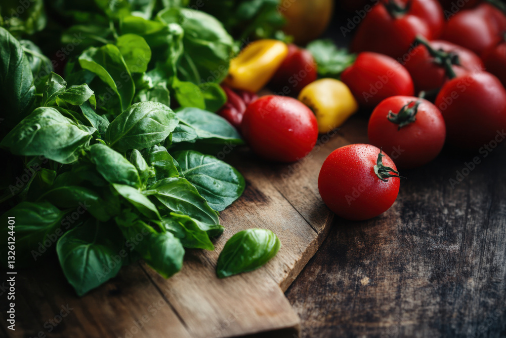 Fresh tomatoes and basil resting on rustic wooden cutting board Fresh tomatoes and basil resting on rustic wooden cutting board