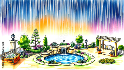  A colored pencils sketch, top-down view of a garden design. Central pond with waterfall, surrounded by plants, trees, a maple, and grass. Right side shows patio, grill, and four-post structure
