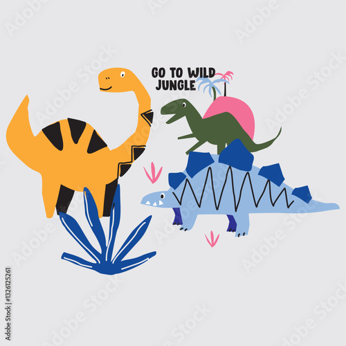 Dino jungle to wild cartoon hand drawn illustration vector
