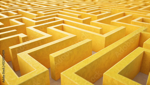Abstract folded paper effect. Bright colorful yellow background. Maze made of paper. 3d rendering
