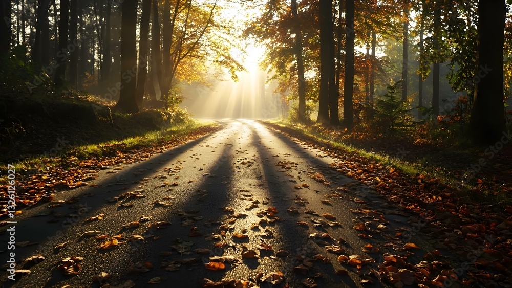 Obraz premium A scenic road through a forest, illuminated by sunlight with autumn leaves scattered on the ground. Concept Autumn Forest Road, Sunlit Pathway, Scenic Drive, Fallen Leaves, Nature's Beauty
