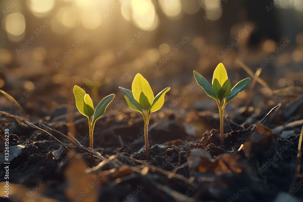 Three Tiny Saplings Emerging in Golden Sunlight, Symbolizing New Growth, Hope, and the Promise of Spring Three Tiny Saplings Emerging in Golden Sunlight, Symbolizing New Growth, Hope, and the Promise of Spring