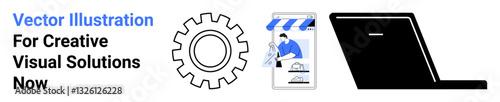 Gear for productivity, online store screen, and laptop highlight innovation, e-commerce, and collaboration. Ideal for business, technology, productivity, workflow e-commerce teamwork flat landing