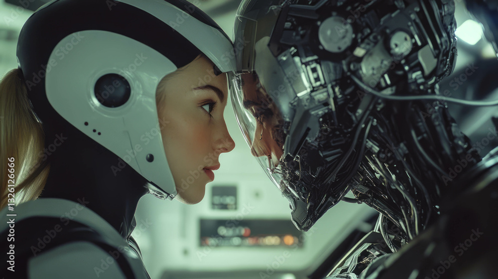 Fototapeta premium Futuristic human-robot interaction in a cinematic setting