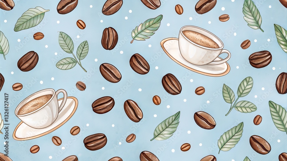 Blue seamless coffee beans and coffee cups pattern background Blue seamless coffee beans and coffee cups pattern background