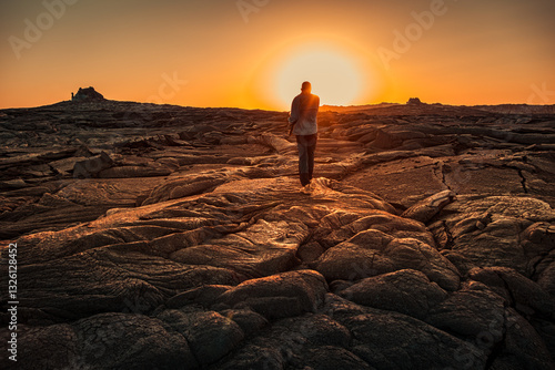Man walking at sunset on solidified lava in Erta Ale volcano in Afar region, Ethiopia