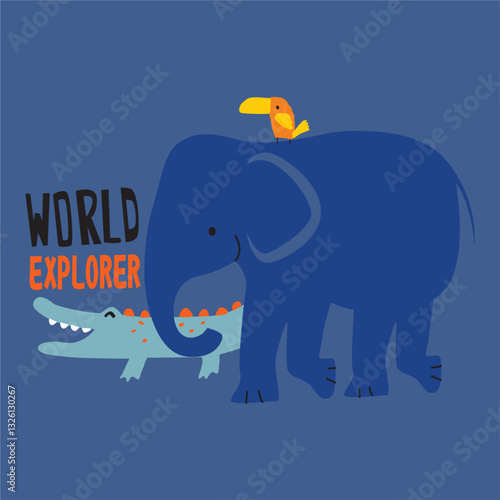 World Explorer elephant with crocodille and bird hand drawn illustration vector