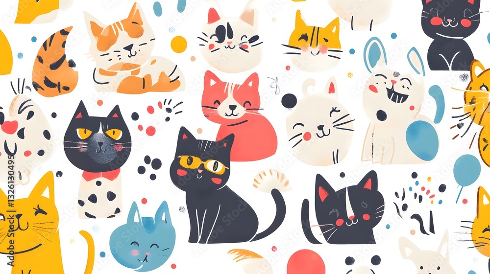 A group of cute cartoon cats and dogs gathered together, playing and interacting in a joyful and whimsical scene.