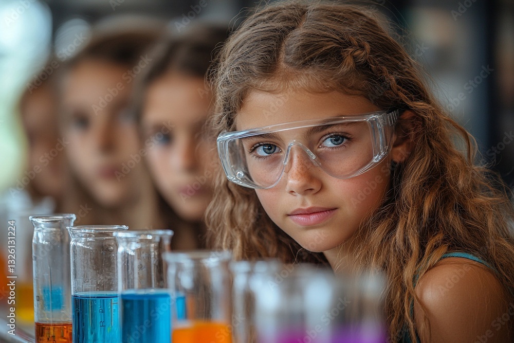 Young girl with glasses observing science experiments with peers in colorful setting Young girl with glasses observing science experiments with peers in colorful setting