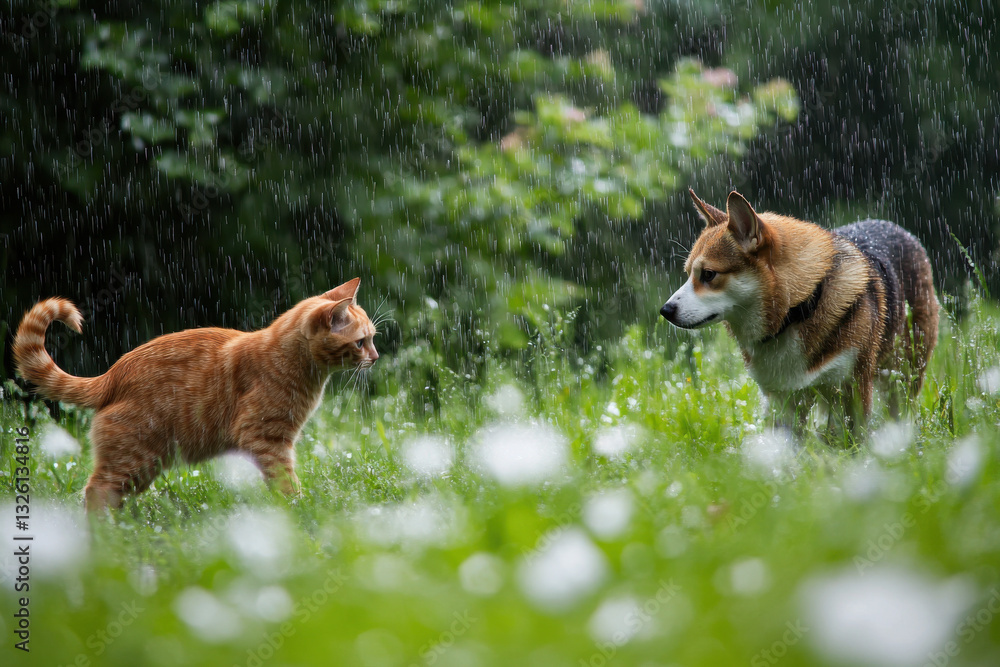 Ginger cat and welsh corgi pembroke meeting in the rain Ginger cat and welsh corgi pembroke meeting in the rain