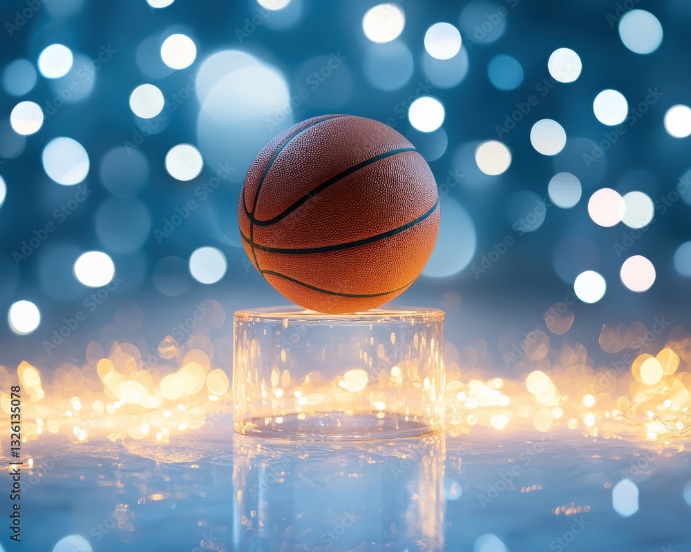 Fototapeta premium A basketball resting on a pedestal surrounded by glowing lights