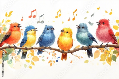 Colorful birds singing joyfully on a branch while music notes float around