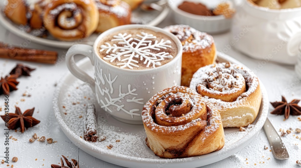 Cozy Winter Scene with Cinnamon Rolls and Hot Chocolate Display Cozy Winter Scene with Cinnamon Rolls and Hot Chocolate Display