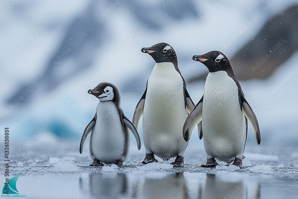 Fototapeta premium Three penguins are gathered on a snowy surface, showcasing a parent and an adorable chick