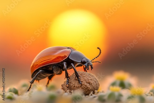 A dung beetle rolling a ball of dung across a desert floor, with a dramatic backdrop of cacti and a setting sun