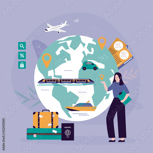 Travel agency. Online consultation. Manager standing near worldwide map with various transport for travel. Flight or vacation booking with friendly travel agency manager.