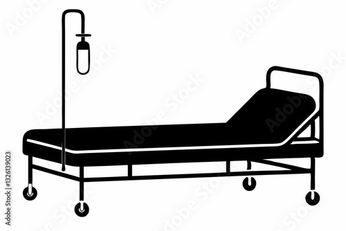 Hospital bed with IV drip minimalist vector design.