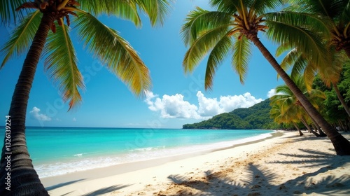 A secluded tropical beach with crystal-clear turquoise waters  lush palm trees swaying in the warm breeze  and golden sands bathed in radiant sunlight  evoking paradise.