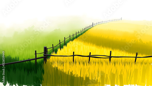 Boldly divided sections of lush green and golden rice fields. A diagonal wooden fence separates the areas. Clear, concise composition.


