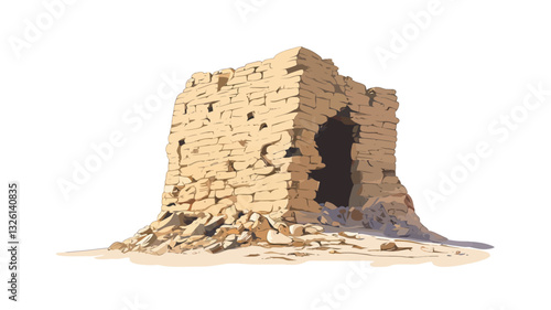A digital painting or rendering depicts a small, square stone structure in ruins. The structure is primarily light beige or tan, showing significant signs of weathering and erosion.  Large portions