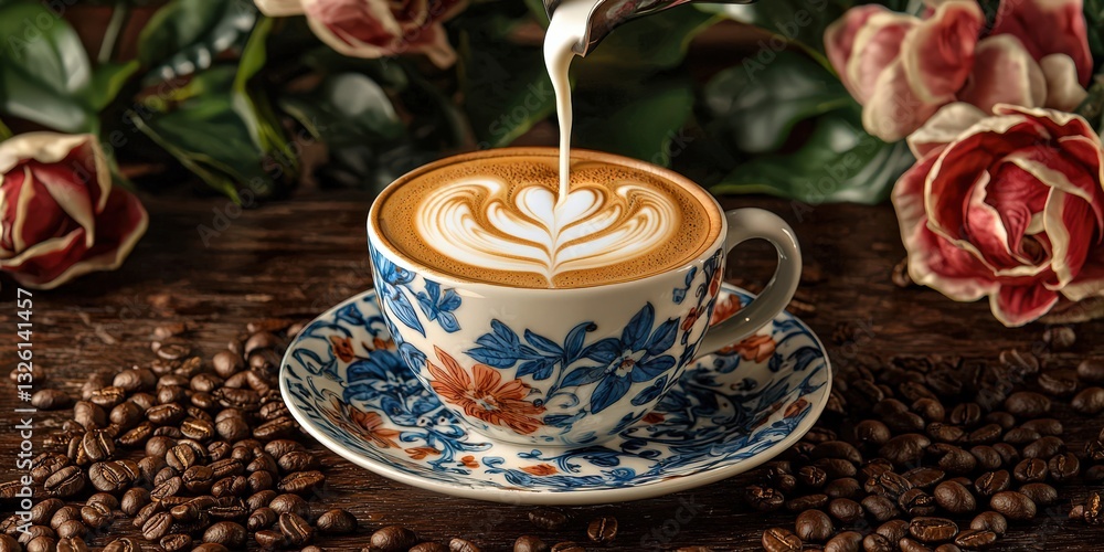 Fototapeta premium A barista's hand pouring steamed milk to create latte art in a cappuccino cup, surrounded by coffee beans