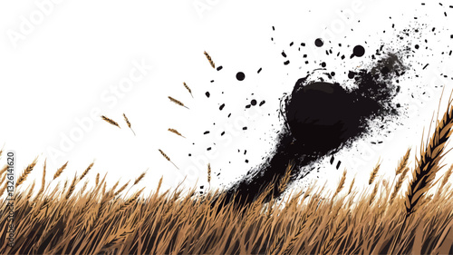 The image depicts a large, dark, amorphous cloud of black dust hovering over a field of golden wheat. The dust is irregularly shaped, with particles dispersing outward.  The wheat stalks are sharp