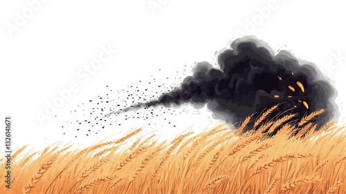 The image depicts a stylized illustration of a large plume of black smoke billowing across a field of ripe, golden wheat. The smoke is dark and dense, obscuring a portion of the wheat field. Small,