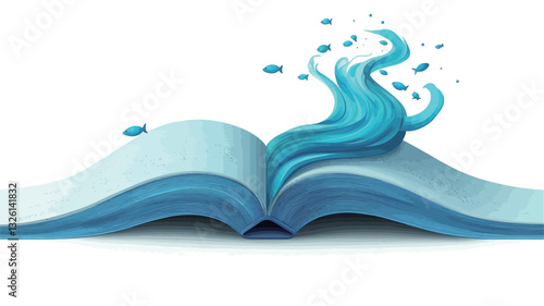 The image features an open book with blank white pages. From the center of the book, an abstract design resembling a blue water wave or splash rises upward. The wave is rendered in shades of blue