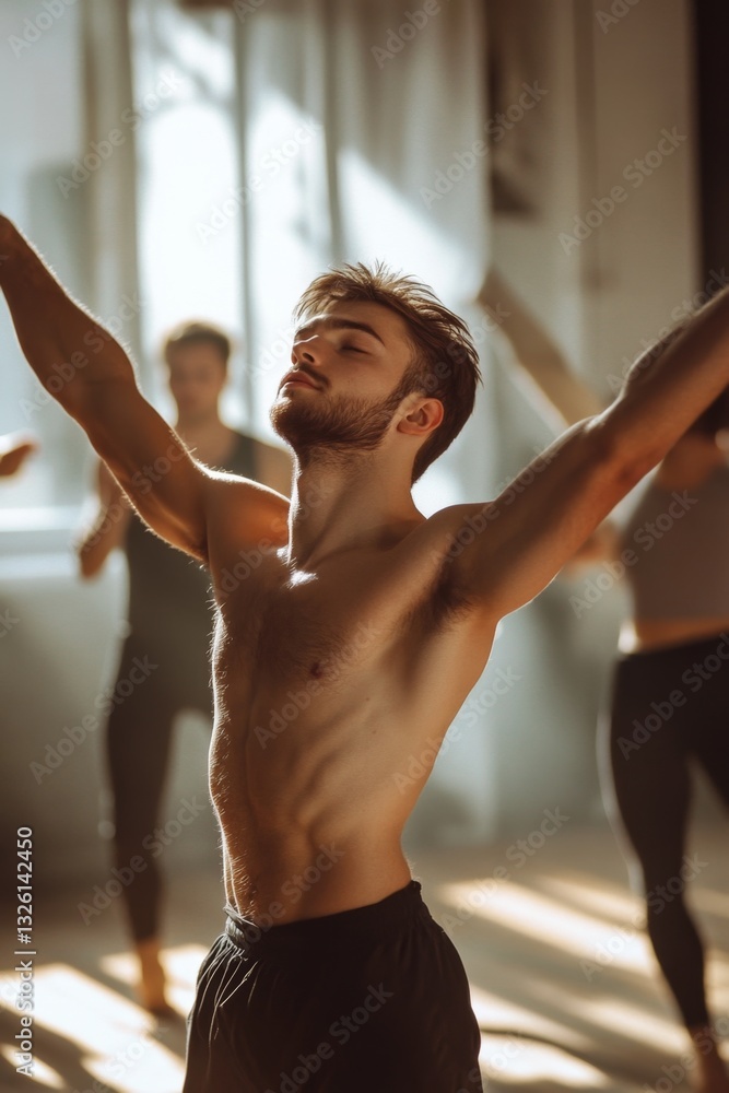 Obraz premium Young contemporary man dancer showcases talent in sunlit studio with peers during afternoon practice