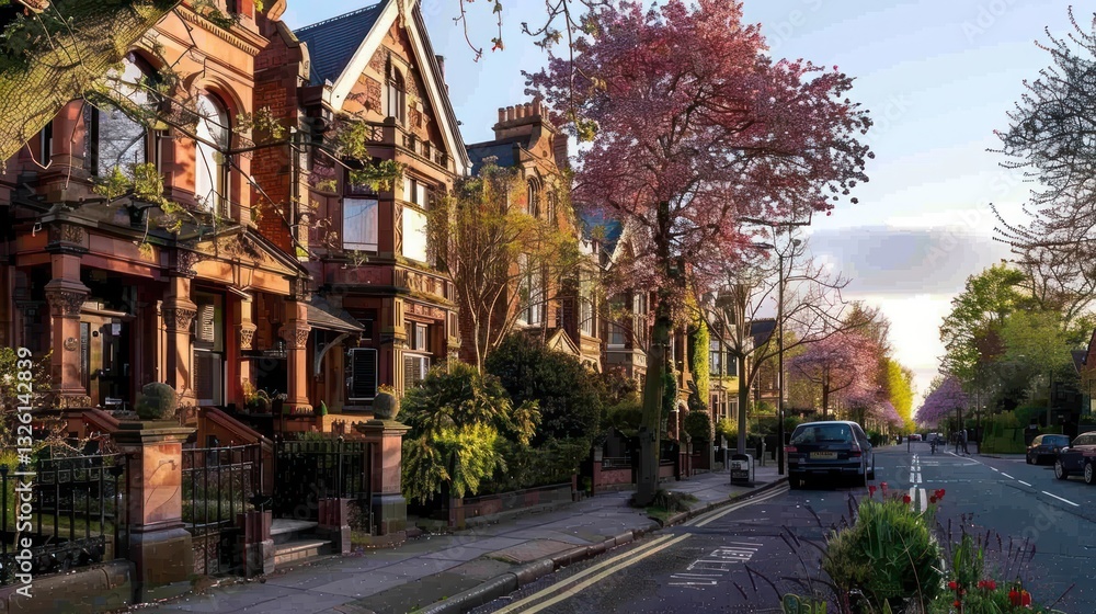 Obraz premium Scenic Residential Street with Victorian Houses and Blooming Trees