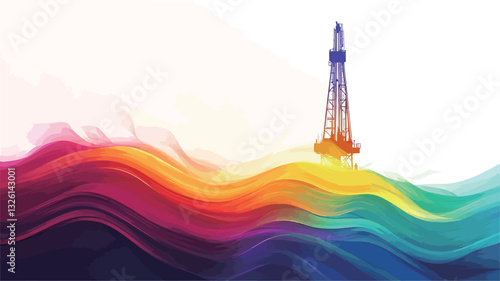 The image is a digital illustration depicting a stylized tower silhouetted against a background of flowing, multicolored waves. The waves are rendered in shades of pink, orange, yellow, green,