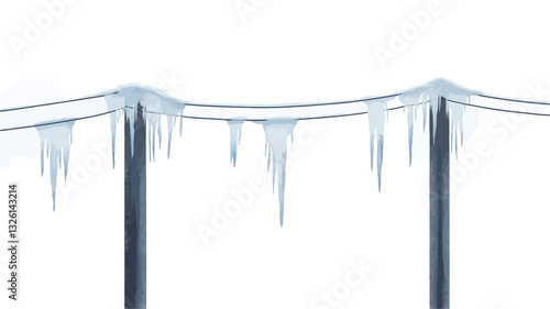 Close-up image of two dark utility poles supporting power lines heavily coated with icicles against a white background, possibly snow. The icicles vary in size and length, hanging down from the