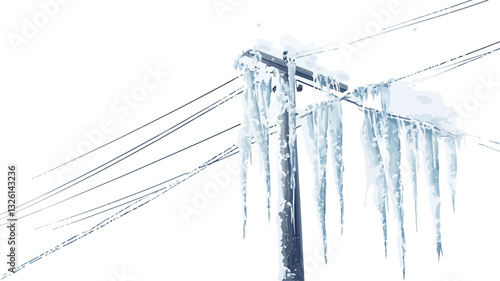 Close-up view of numerous icicles hanging from the eaves of a building. The icicles vary in length and thickness, exhibiting a crystalline texture.  The background is predominantly white,