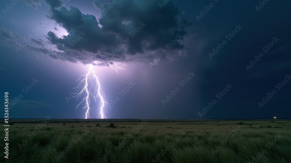 A fierce thunderstorm over an open prairie, jagged lightning bolts illuminating the dark sky, heavy rain falling over the vast grassy plains in this dramatic high-definition scene. A fierce thunderstorm over an open prairie, jagged lightning bolts illuminating the dark sky, heavy rain falling over the vast grassy plains in this dramatic high-definition scene.