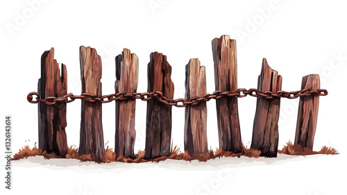 Digital illustration of a rustic wooden fence against a white background. The fence is composed of uneven, weathered wooden posts of varying heights and widths.  A rusty chain is strung between the