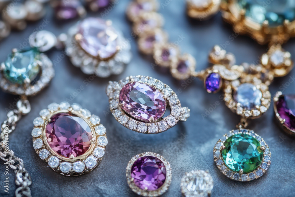 Precious gemstones jewelry collection sparkling on grey surface Precious gemstones jewelry collection sparkling on grey surface