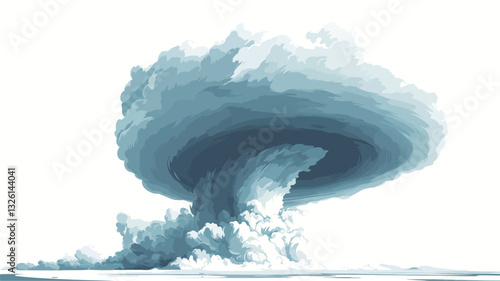 Digital illustration depicting an abstract representation of a large storm cloud or vortex. The image is predominantly shades of blue and grey, with a white background. The cloud formation is
