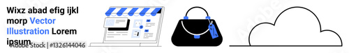 Online storefront with a blue-and-white awning, a stylish handbag with tags, and a minimalist cloud. Ideal for online shopping, retail, technology, fashion, data storage, marketplaces flat landing