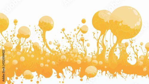 The image is a digital illustration featuring a horizontal arrangement of stylized yellow and orange splashes and bubbles.  The color palette consists primarily of varying shades of yellow and