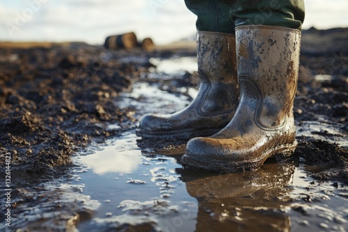 Close up view of muddy farmer boots standing in wet field during a cloudy day Generative AI