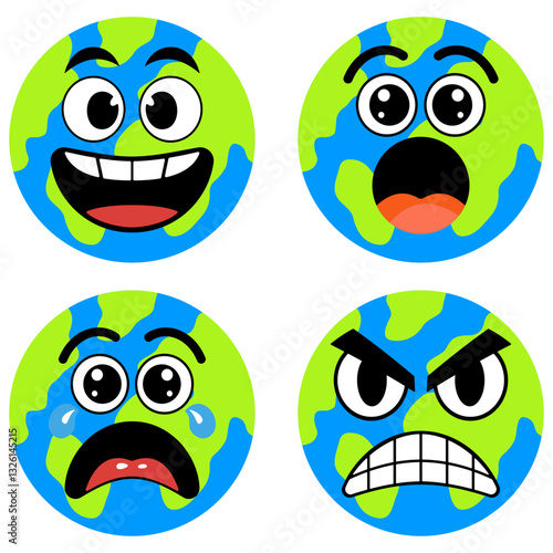 Cartoon globe smile happy, sad, angry, sorry, wow. Eco-friendly imagination.