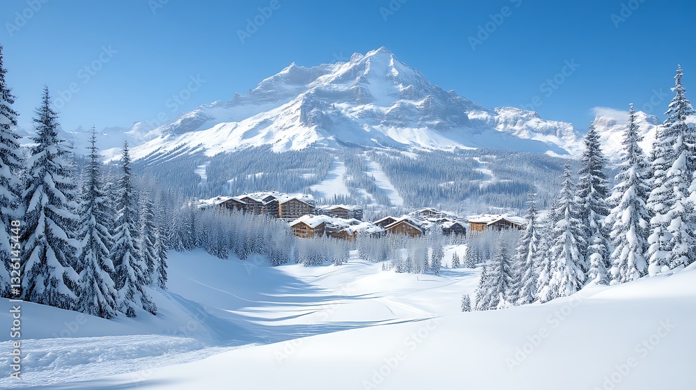 Obraz premium Snowy Mountain Village Winter Landscape Scene